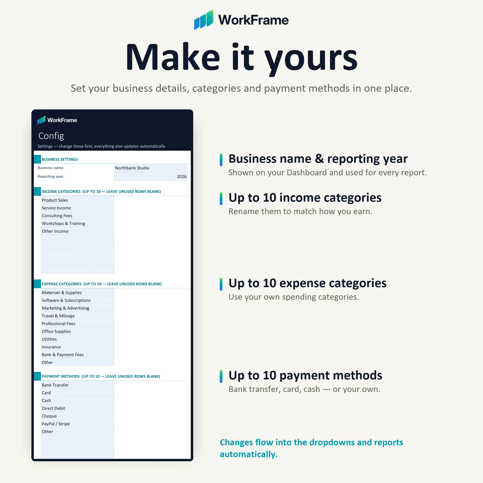 The Config sheet, where you set your business name and year and customise categories and payment methods.