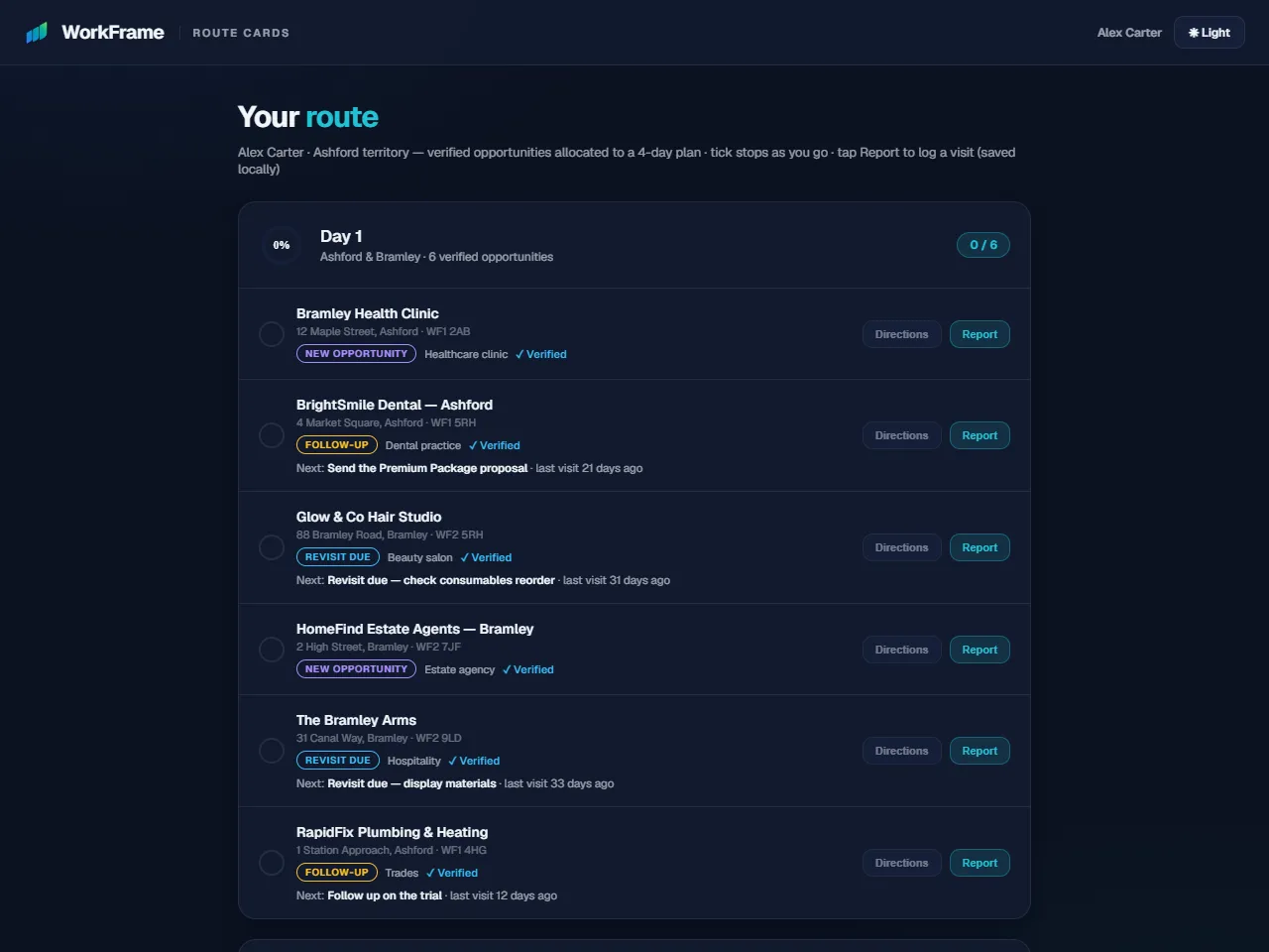The WorkFrame Route Cards
